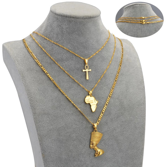 3 pieces Ankh, Nefertiti, and Africa map unisex gold necklace set.