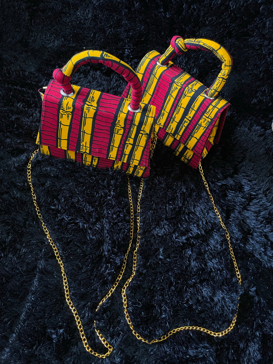 African print mini handbags.