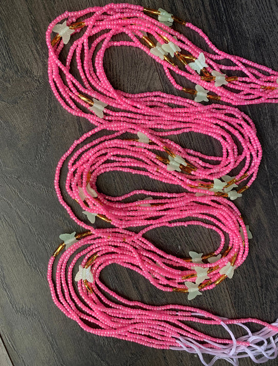 Pink and gold waist beads with glow and the dark butterfly 🦋