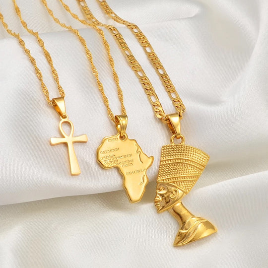 3 pieces Ankh, Nefertiti, and Africa map unisex gold necklace set.