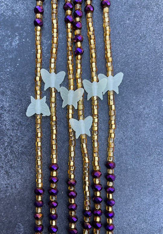 Gold and purple waist beads with glow in the dark butterfly 🦋