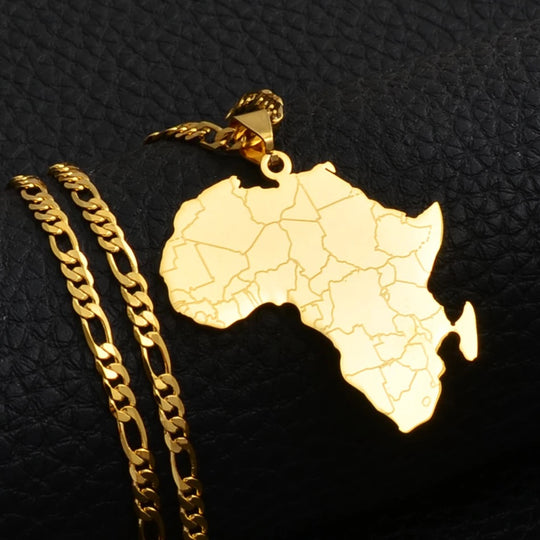 3 pieces Ankh, Nefertiti, and Africa map unisex gold necklace set.