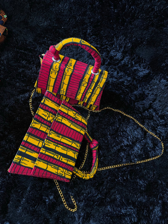 African print mini handbags.