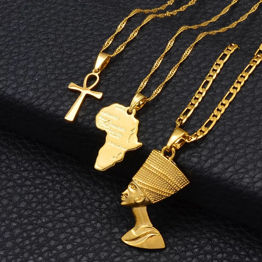 3 pieces Ankh, Nefertiti, and Africa map unisex gold necklace set.